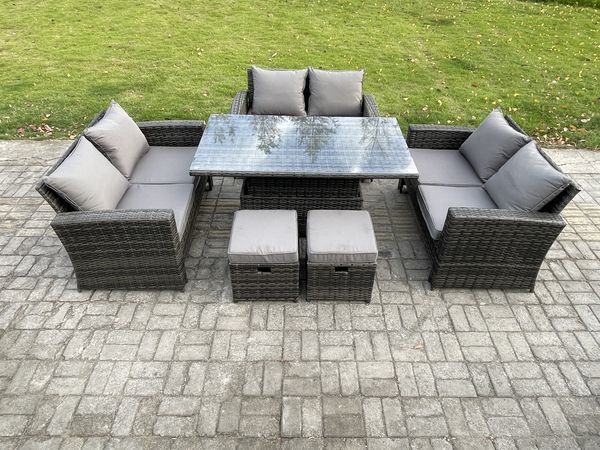 Fimous Polyrattan Gartenmöbel Set Einstellbare Höhe Esstisch Sofa Set mit Doppelsitz-Sofa 2 Kleiner Fußhocker Dunkelgrau Gemischt