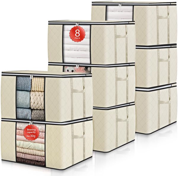 GoMaihe 90L Aufbewahrungstasche 8 Stück, Aufbewahrungsbox mit Deckel Groß Verstärkte Griffe, Kleidung Umzugskartons für Bettdecken, Unterbett Aufbewahrung Kleiderschrank Boxen Organizer Beige