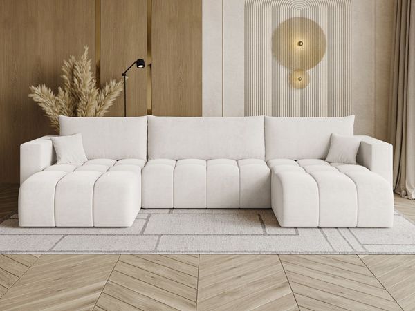 GRAINGOLD Ecksofa U-Form Neva U, Ecksofa mit Schlaffunktion, Bettkasten, mit losen Kissen, Velour-Stoff, Hellbeige