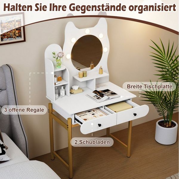 COSTWAY Schminktisch (1-St), Frisiertisch mit Spiegel, 3 Lichtmodi, in Katzenform
