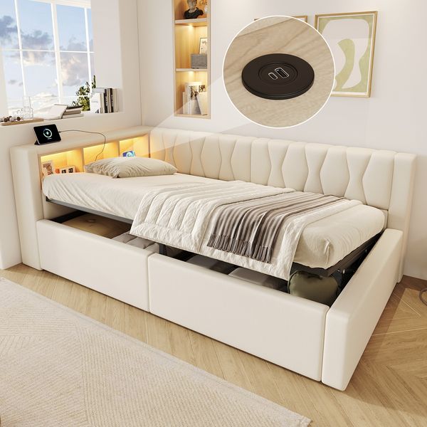 Merax Daybett, Einzelbett, Schlafsofa, 90x200 cm Polsterbett, Hydraulische Lagerung, mit dimmbarer LED-Leiste, mit praktischem Regal, mit USB-Anschluss, Ohne Matratze, Beige