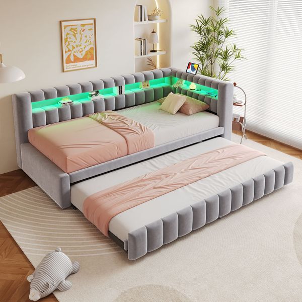 Merax Polsterbett, Einzelbett, Ausziehbares Schlafsofa 90*200 cm, Mit LED-Beleuchtung, Geräumigem Kopfteil und Rückenlehne, USB-Ladeanschluss, Samtstoff, Hellgrau