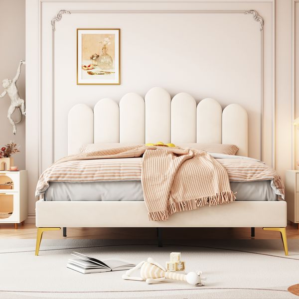 Polsterbett Doppelbett 140 x 200 cm, Bettgestell mit Kopfteil und Lattenrost, Erwachsenen-Jugendbett-Gästebett in hautfreundlichem Samtstoff Beige