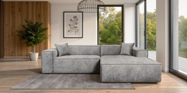 Ecksofa Designersofa CARLOTA in Stoff Perfect Harmony Grau Ottomane Rechts