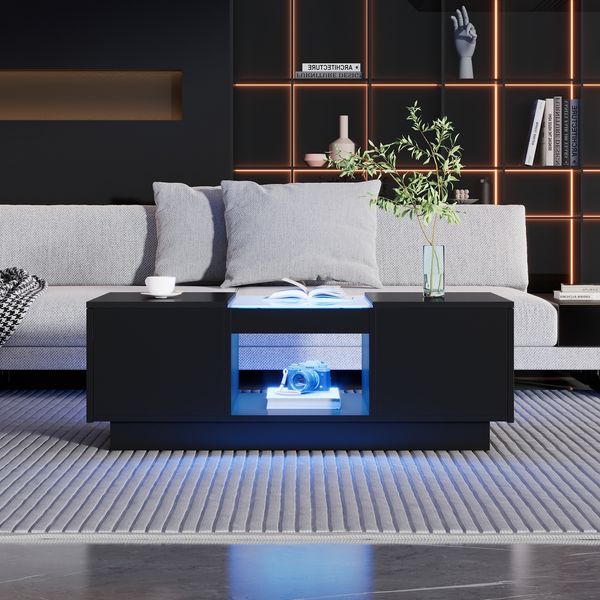 Couchtisch 100x50x35,5 cm mit Smart-LED, 2 Schubladen & Glas in Schwarz