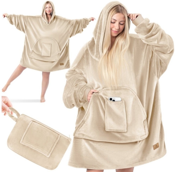 KESSER® Hoodie Decke Kuscheldecke mit Ärmeln Deckenpullover Vielseitig Tragbare Decke zum Anziehen für Damen & Herren, Sweatshirt Warm Kuschelpullover Erwachsene weich Ärmeldecke Oversize Beige