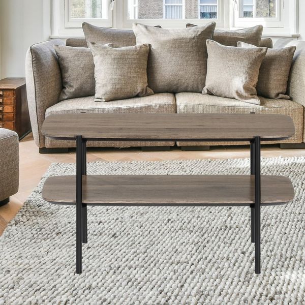 Moderner Couchtisch PINA 70x42cm taupe Ablage Pinien-Optik schwarzes Metallgestell