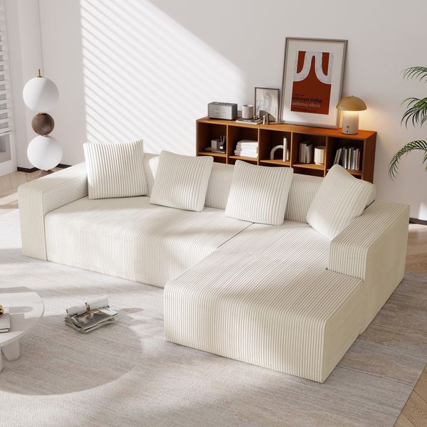 3-Sitzer Wohnlandschaft B 261 x T 146 x H 65 cm aus Cord in Weiß, modular