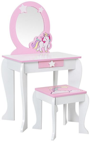 COSTWAY Kinder Schminktisch mit Hocker, Prinzessin Frisiertisch mit Schublade und Abnehmbarer Spiegel, Frisierkommode rosa, Schminkkommode für Mädchen von 3-7 Jahren (Weiß)