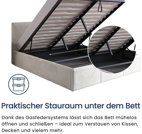Home Collective Polsterbett Stauraumbett 120x200, 140x200, 160x200, 180x200 cm mit Kopfteil, 140×200 cm, mit Gasdruckfeder, Metallrahmen, Samtpolsterung, Beige Bild 3