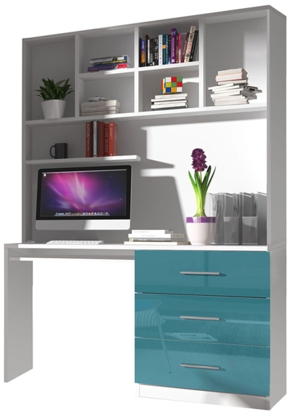 Schreibtisch Epexi 03, Farbe: Weiß / Türkis Hochglanz, 120 x 193 x 60 cm