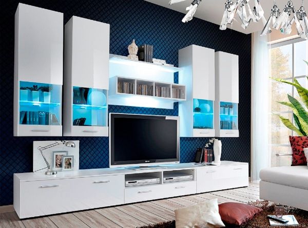Wohnwand Dorade mit LED Beleuchtung in Weiß und Schwarz Hochglanz 300 x 190 cm