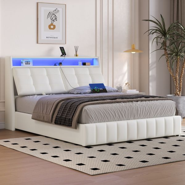 Plattformbett 160x200 Doppelbett mit Stauraum und LED, verstellbare Rückenlehne, USB-Anschlüssen, weiß