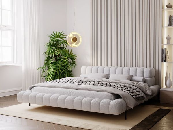 GRAINGOLD Imagine Doppelbett 120x200, mit Kopfteil, Lattenrost, Bouclé-Stoff, Hellgrau