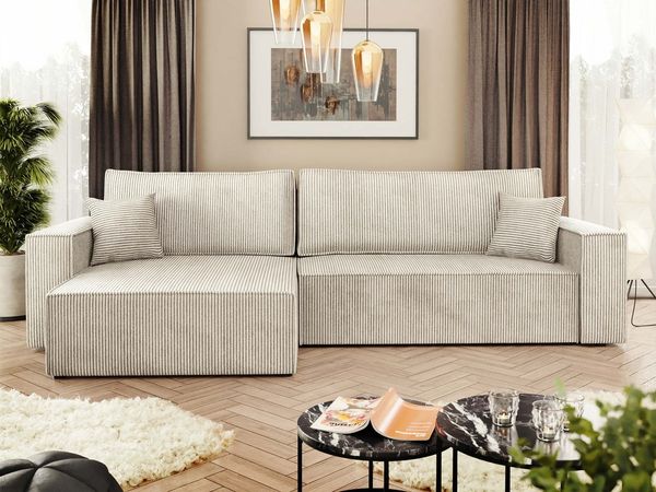 MIRJAN24 Ecksofa Karl Cord, mit Bettkasten und Schlaffunktion, Ottomane universal, Dekorative Kissen-Set