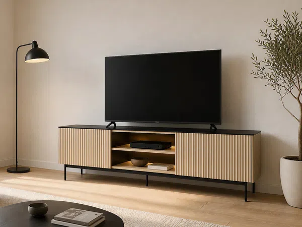 Vente-unique - SAYERA TV unit GlasHolz, Platte SchwarzBeige - B 39 cm x H 57 cm x L 180 cm