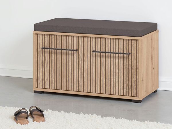 INOSIGN Schuhbank Landes, Schuhschrank mit Sitzkissen, innen 2 Fächer, Schuhregal, Breite 80 cm, Artisan Eiche, Front mit schwarzen Streifen