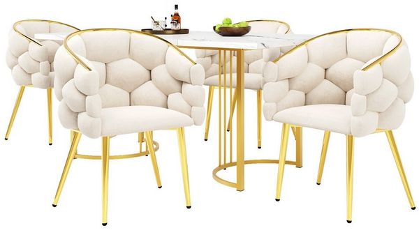 OKWISH Esstisch Moderne Esstisch,mit Marmoroptik,Esszimmer-Set (5-teiliges Esstisch-Set, 140x80 cm mit 4 Stühlen – Marmortisch mit goldenen Metallbeinen, ergonomische Stühle mit Samtbezug, modern und elegant für Küche und Esszimmer – 150 kg Tragfähig...