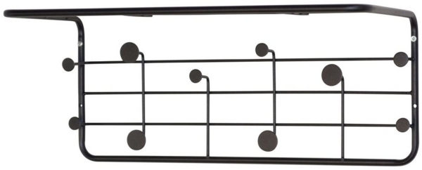 Wandgarderobe, Hakenleiste, aus Metall mit 12 Haken und Gitterablage, schwarz