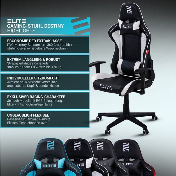 ELITE Gaming Gaming-Stuhl Ergonomischer Bürostuhl Destiny inkl. Rücken- & Nackenkissen (Racingstuhl Drehstuhl mit 2D-Armstützen, verriegelbare Wippmechanik, mechanische Härtegradeinstellung, verstellbare Sitzhöhe, 90° klappbare Rückenlehne, Sicherheits...