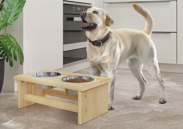 Futterstation für Hunde und Katzen mit zwei Edelstahlschüsseln in drei Größen S, M, L V-30.33M