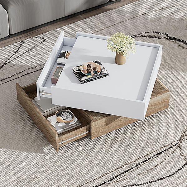 Couchtisch 60 x 60 x 38 cm, 360° drehbar, mit 2 Schubladen, Spanplatte in Weiß/Natural Walnut