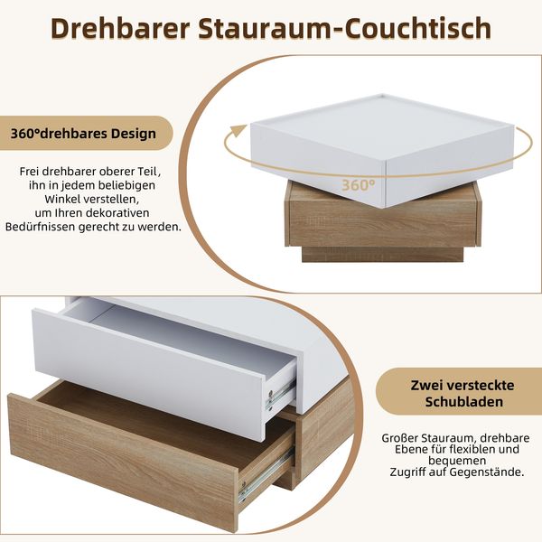 Couchtisch 60 x 60 x 38 cm, 360° drehbar, mit 2 Schubladen, Spanplatte in Weiß/Natural Walnut Bild 9