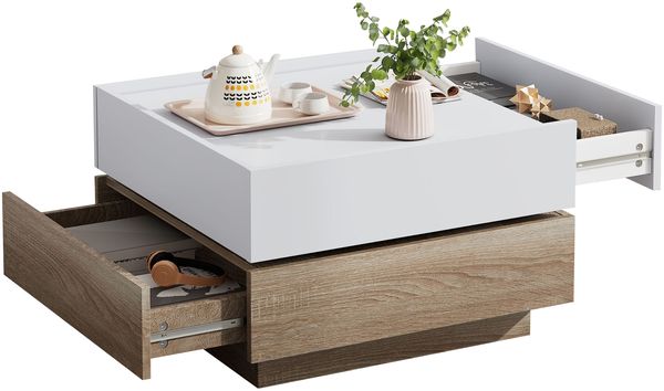 Couchtisch 60 x 60 x 38 cm, 360° drehbar, mit 2 Schubladen, Spanplatte in Weiß/Natural Walnut Bild 7