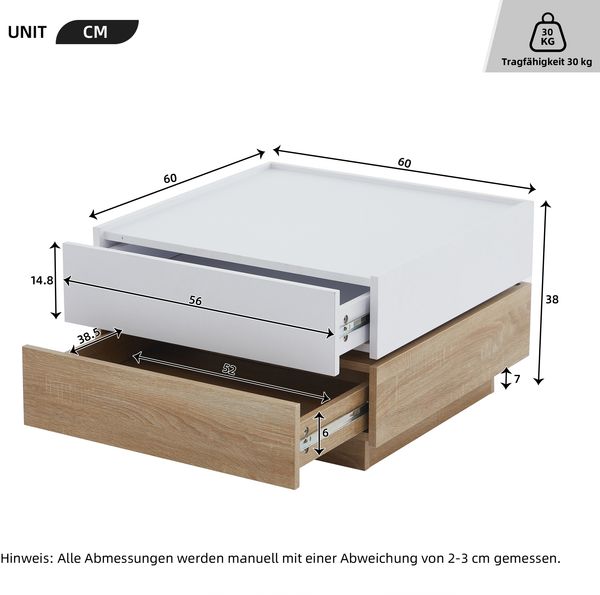 Couchtisch 60 x 60 x 38 cm, 360° drehbar, mit 2 Schubladen, Spanplatte in Weiß/Natural Walnut Bild 5