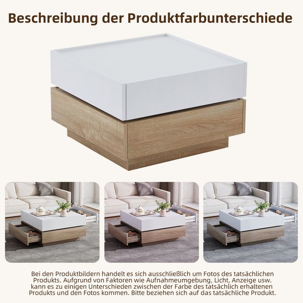 Couchtisch 60 x 60 x 38 cm, 360° drehbar, mit 2 Schubladen, Spanplatte in Weiß/Natural Walnut Bild 8