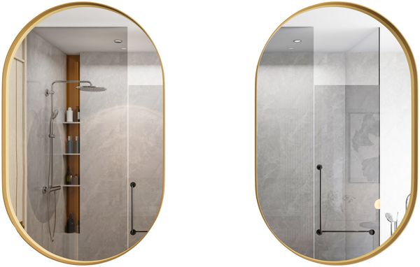 Spiegelschrank in Gold, 85 x 51,5 x 12 cm – ovaler Wandschrank mit Spiegel, Metallrahmen und 2 Glasböden Bild 6