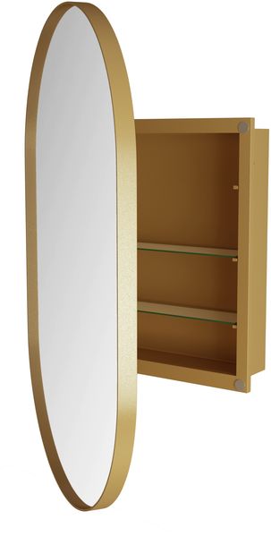 Spiegelschrank in Gold, 85 x 51,5 x 12 cm – ovaler Wandschrank mit Spiegel, Metallrahmen und 2 Glasböden Bild 9