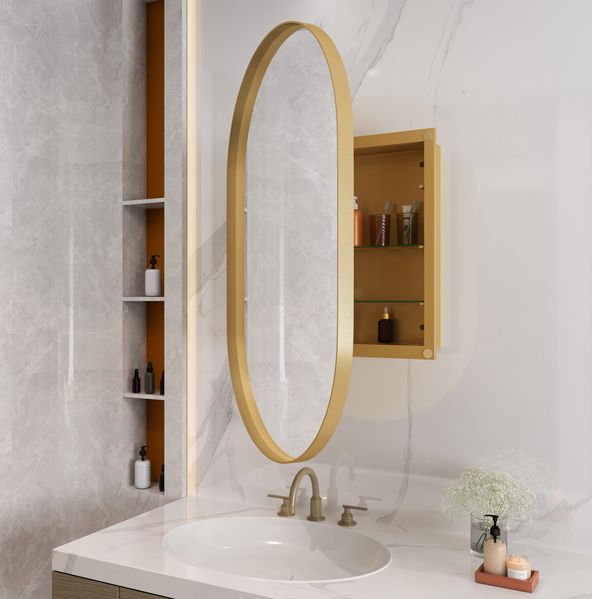 Spiegelschrank in Gold, 85 x 51,5 x 12 cm – ovaler Wandschrank mit Spiegel, Metallrahmen und 2 Glasböden