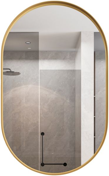 Spiegelschrank in Gold, 85 x 51,5 x 12 cm – ovaler Wandschrank mit Spiegel, Metallrahmen und 2 Glasböden Bild 8