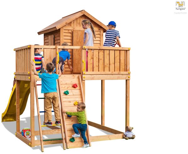 Fungoo Spielturm "My Side Step On", teak,mit Rutsche, Kletterwand, Leiter und Holzdach