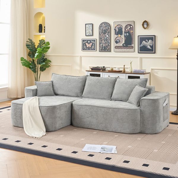 Ecksofa Chenille, modulares L-Form Sofa mit tiefer Sitzfläche, 262 x 144 x 65 cm, grau