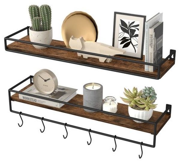 VASAGLE Wandregal 2er Set, Wandboard mit Stange, Schweberegal zur Aufbewahrung, braun-schwarz