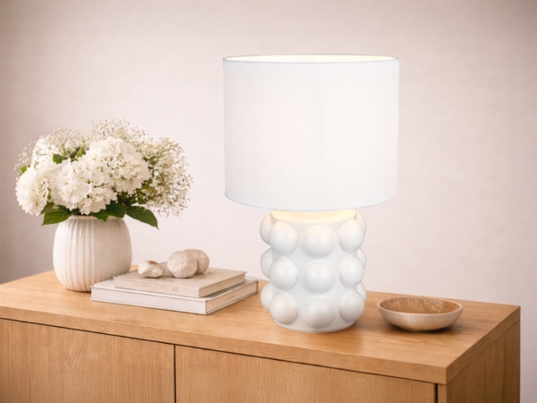 Große Retro LED Tischlampe mit Keramikfuß & Stoffschirm Weiß, Höhe 47cm