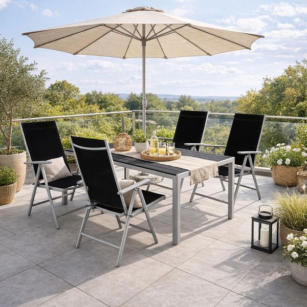 5tlg Gartenmöbel Set Alu Non-Wood 150x90x74cm + 4 Klappstühle
