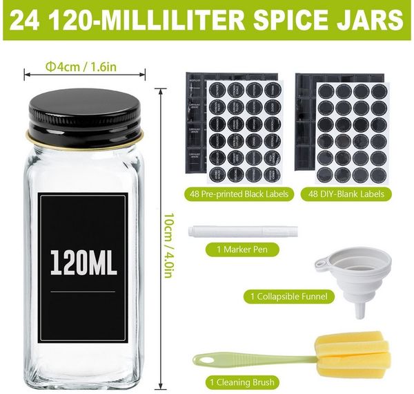 FIVMEN Gewürzstreuer Gewürzgläser Eckig Set mit Deckel Gewürz Organizer Gewürzbehälter, (24-tlg), mit Trichter, Leeren Aufklebern, Reinigungsbürste, Sieben, 120ml