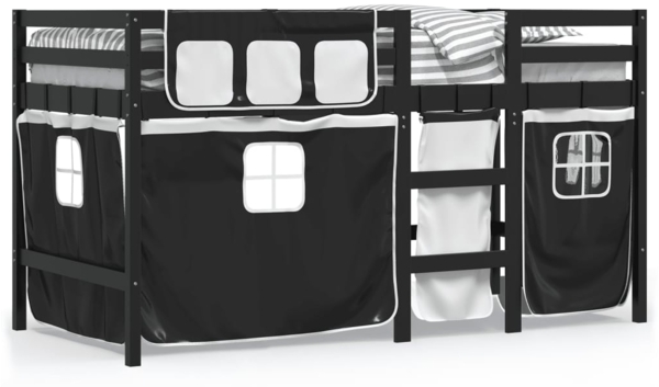 vidaXL Kinderhochbett mit Vorhängen Weiß Schwarz 90x190 cm Kiefernholz 3283832