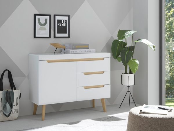 INOSIGN Sideboard Torge, Anrichte, Kommode, Schubladenschrank (1 St), abgeschrägte Füße, drei Farben, Scandi Design, 107 cm breit
