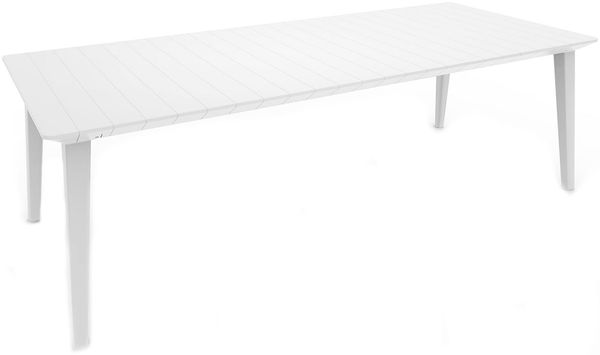 Dmora Gartentisch Camrose, Picknickbasis, Garten-Esstisch, Mehrzweck-Außenbank, 235x98 h74 cm, Weiß