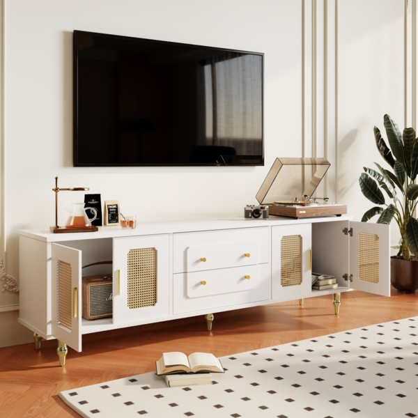 Lowboard, TV-Möbel im Retro-Stil: goldene Griffe,177×38×55.5 cm, Weiß,modernes Design, viel Stauraum Bild 10