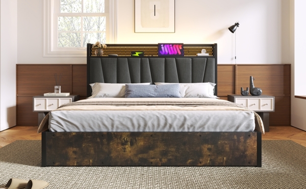 Polsterbett 160x200 cm aus Leinen mit LED-Beleuchtung und Stauraum – Kopfteil mit Steckdosen und USB