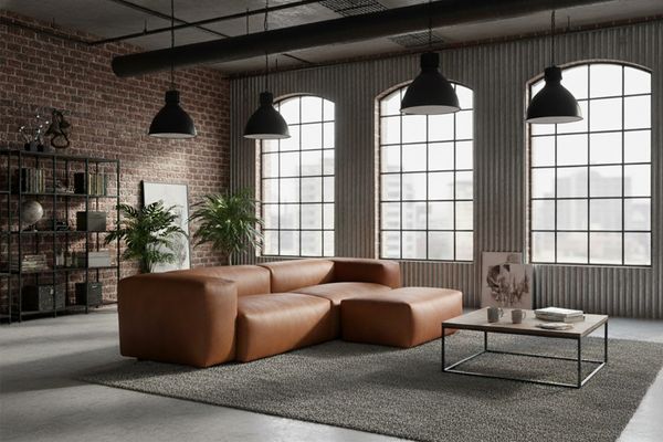 KAWOLA Sofa CELESTE 4-Sitzer mit Hocker Lederfaserstoff cognac 72 x 114 x 302 cm