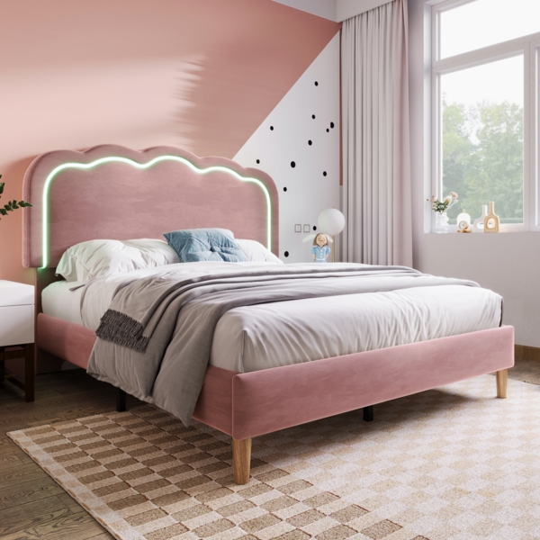Polsterbett 140x200 cm aus Samt mit LED-Beleuchtung und verstellbarem Kopfteil Bild 1