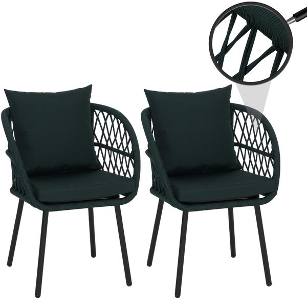 2er-Set Gartenstuhl HWC-Q38, Gartensessel Armlehne, Aluminium Seilgeflecht Rope ~ Gestell schwarz, Polster grün