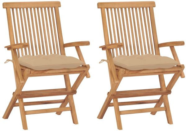 vidaXL Gartenstühle mit Beigen Kissen 2 Stk. Massivholz Teak 3062505
