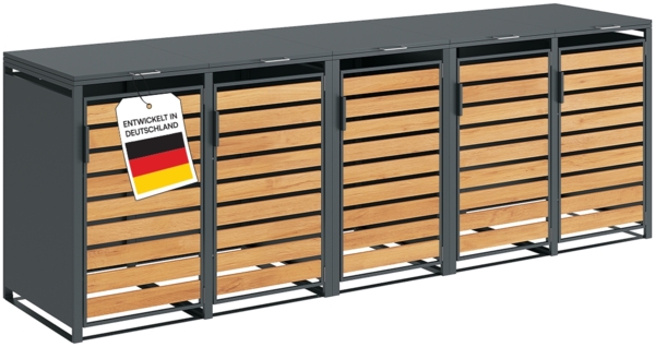 STEELSØN 'Kestra' Mülltonnenbox für 5 Tonnen je 120 Liter, anthrazit mit Holzoptik, Mülltonnenverkleidung aus Stahl, wetterfest, 102x62x294,5 cm